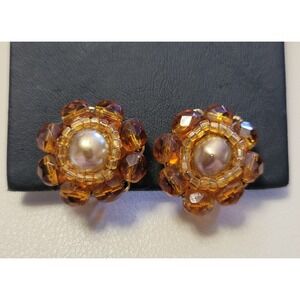 Vintage MARVELLA Autumn Brown Gold Tone Clip On Beaded Earrings‎ Cluster Bead